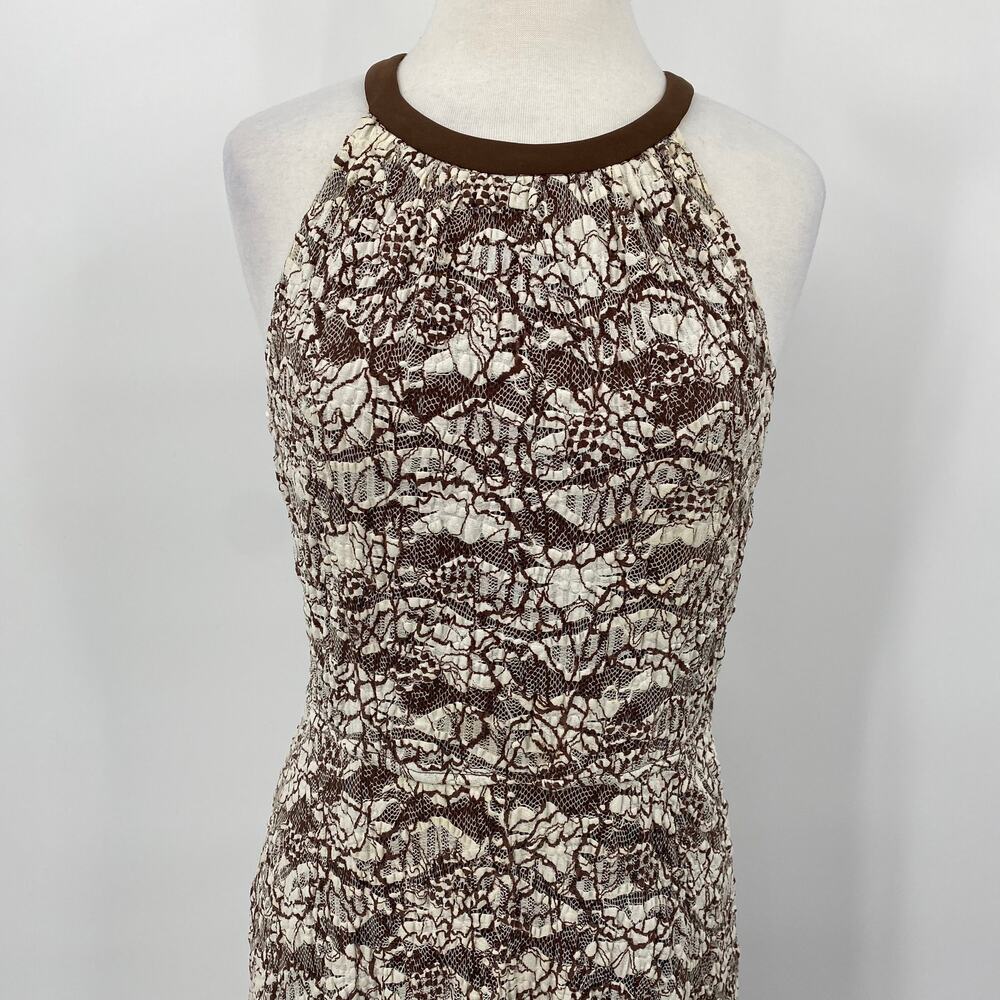 Vintage Joseph Ribkoff Midi Dress Lace Overlay Sleeveless High Neckline Brown M - Picture 3 of 7